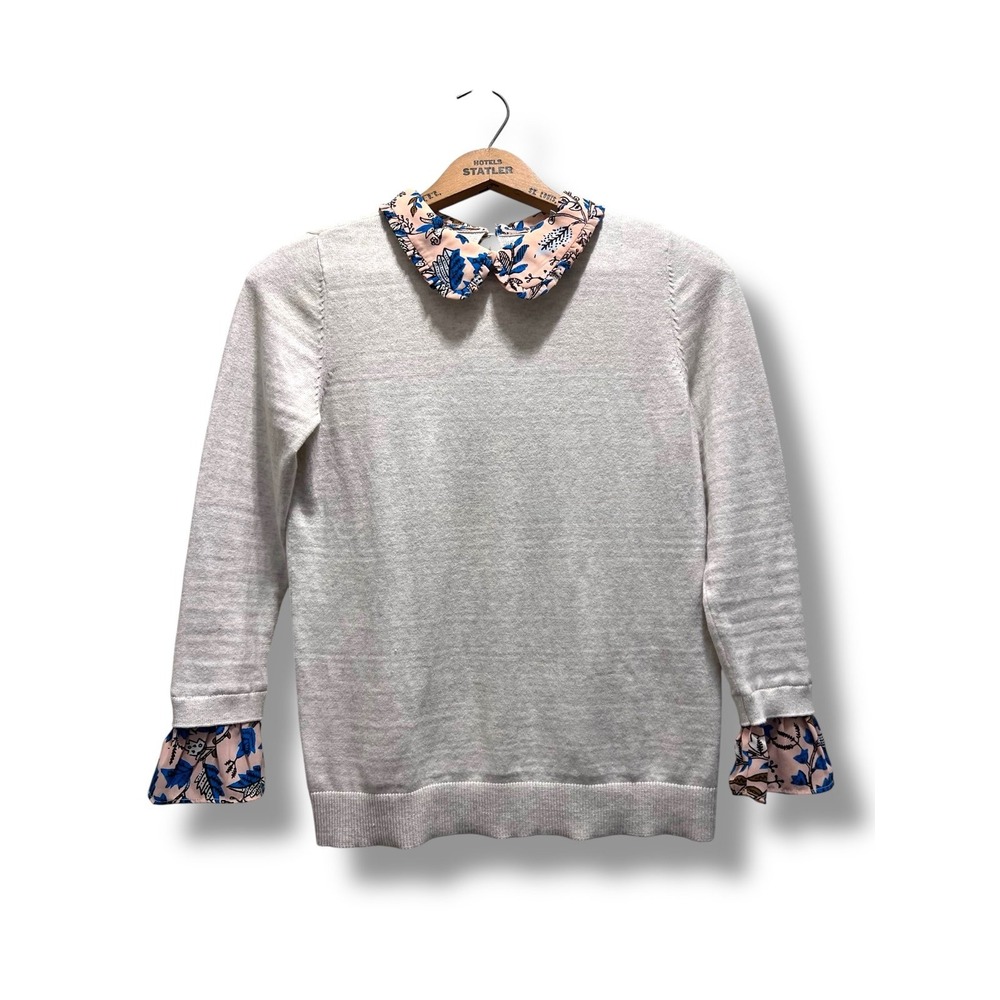 LOFT Pullover Sweater Oatmeal Peach Blue Floral Ruffle Collar Cuffs XS Preppy